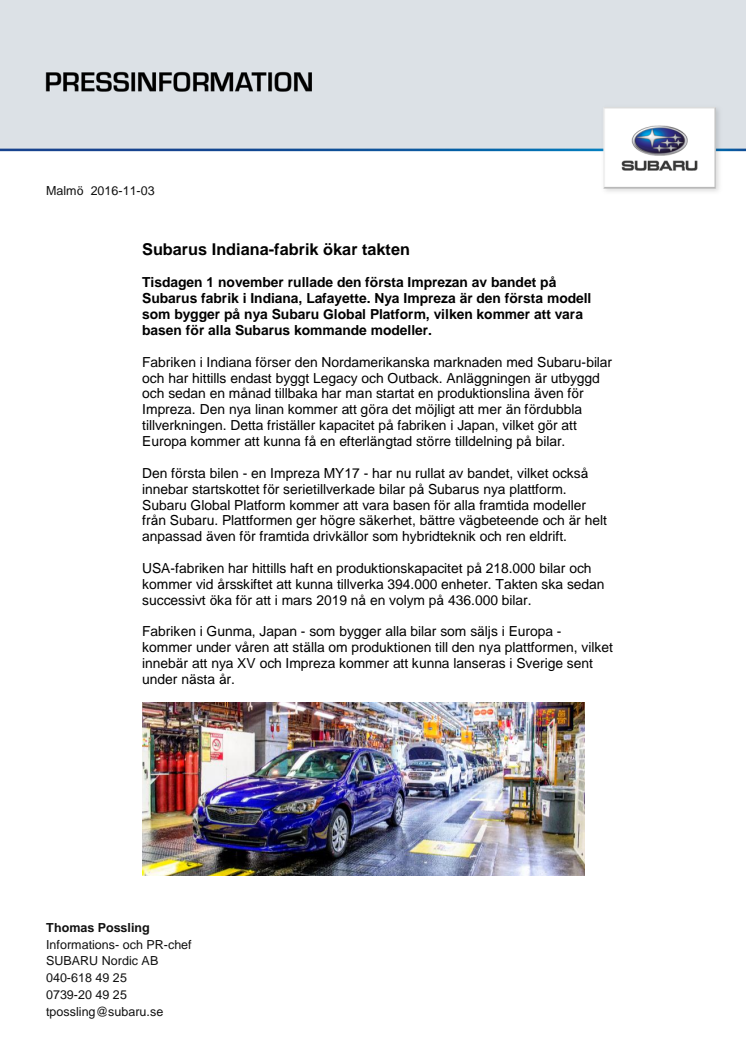 Subarus Indiana-fabrik ökar takten
