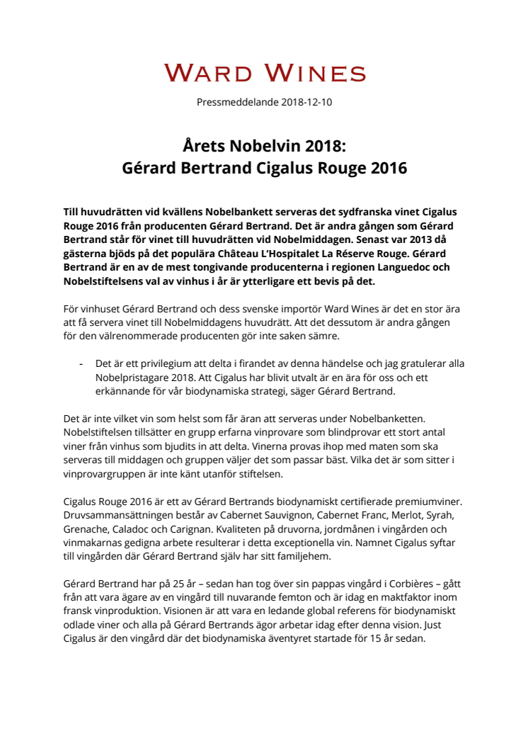 Årets Nobelvin 2018 - Gérard Bertrand Cigalus Rouge 2016