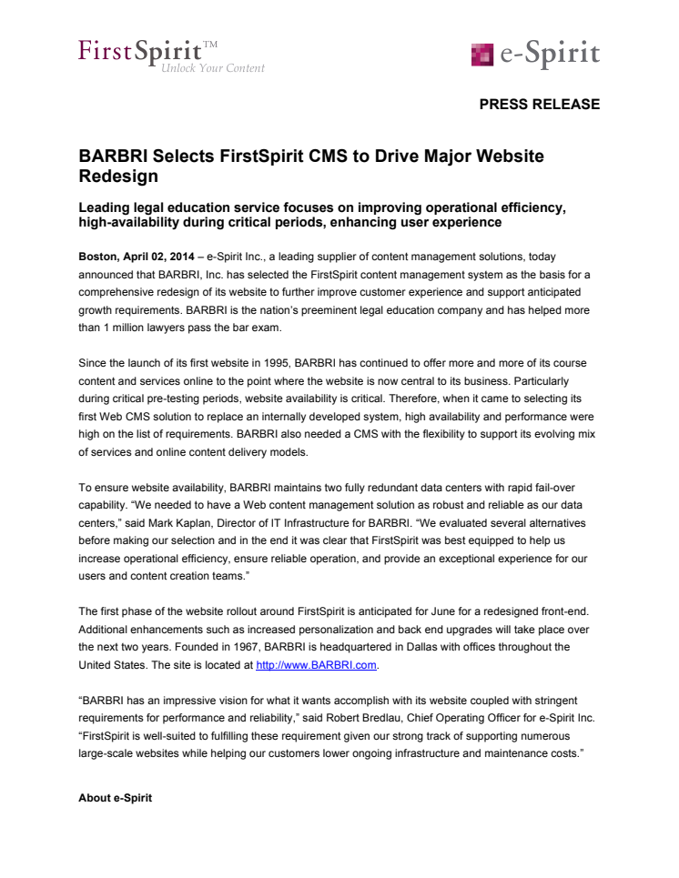 BARBRI vælger FirstSpirit CMS fra e-Spirit 