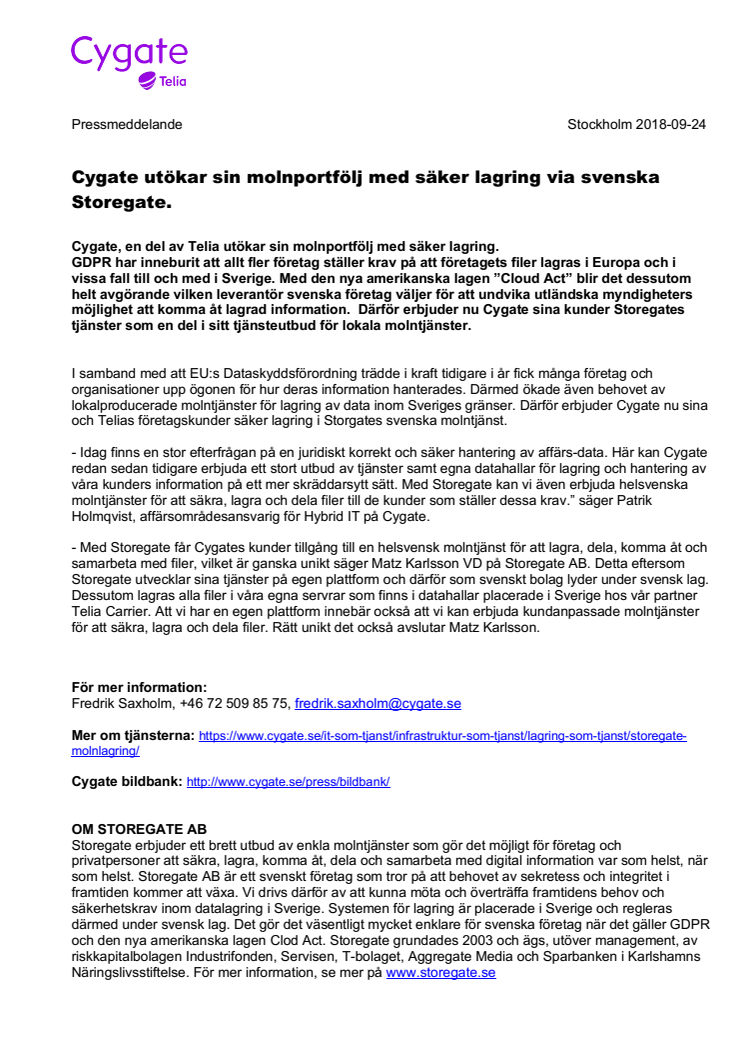 Cygate utökar sin molnportfölj med säker lagring via svenska Storegate