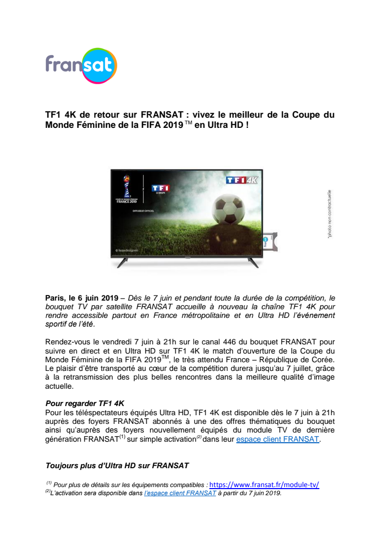 TF1 4K de retour sur FRANSAT : vivez le meilleur de la Coupe du Monde Féminine de la FIFA 2019 en Ultra HD !