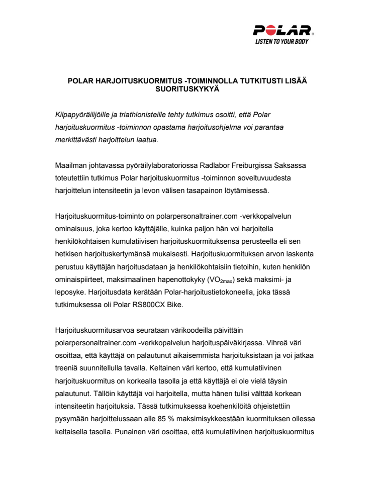Polar harjoituskuormitus -toiminnolla tutkitusti lisää suorituskykyä