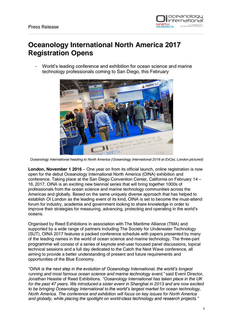 OINA 2017: Oceanology International North America 2017 Registration Opens