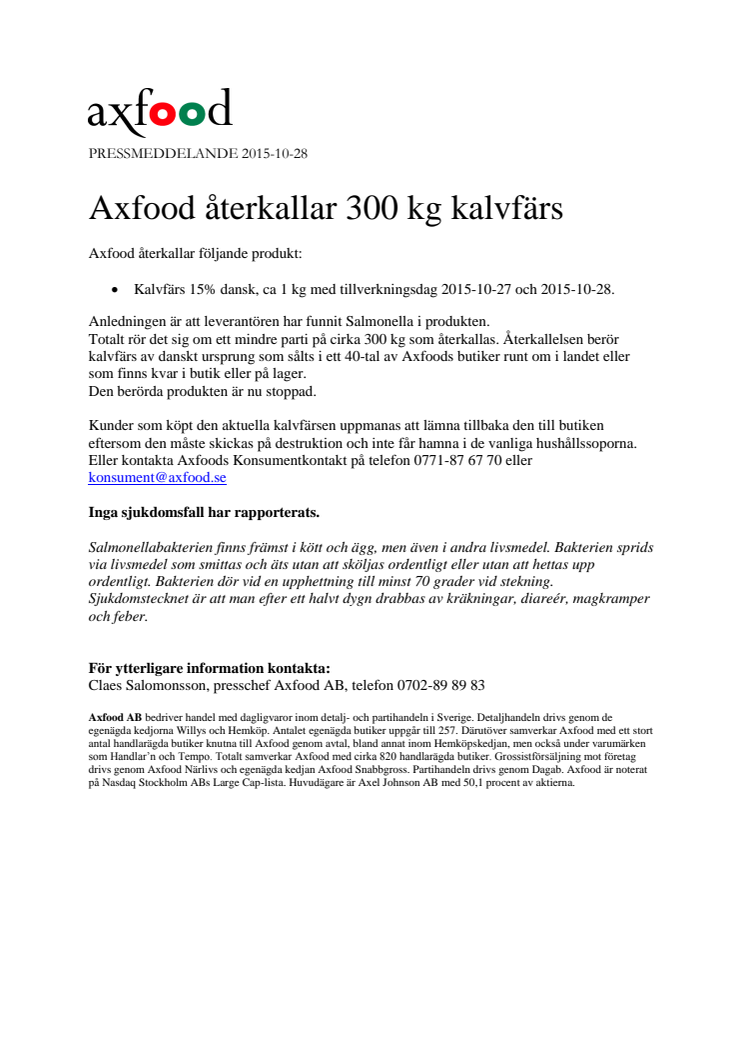 Axfood återkallar 300 kg kalvfärs