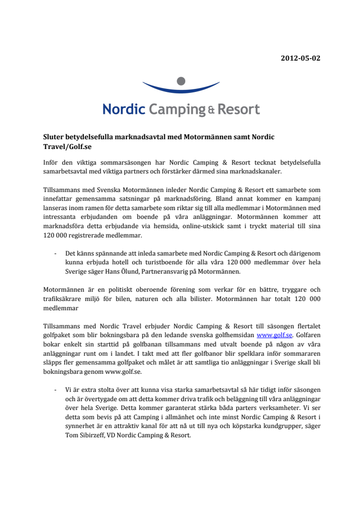Nordic Camping & Resort sluter betydelsefulla marknadsavtal med Motormännen samt Nordic Travel/Golf.se