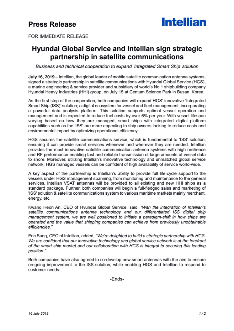 Hyundai Global Service and Intellian sign strategic partnership in satellite communications