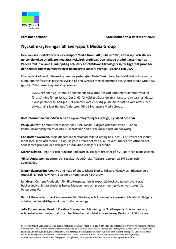 Nyckelrekryteringar till Everysport Media Group 