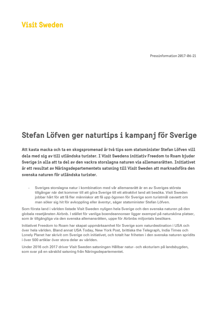 Stefan Löfven ger naturtips i kampanj för Sverige