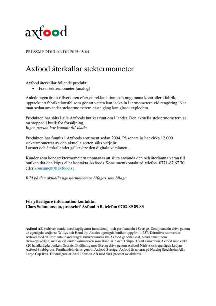 Axfood återkallar stektermometer