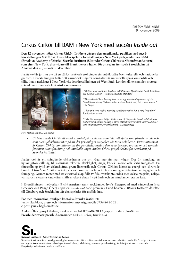 Cirkus Cirkör till BAM i New York med succén Inside out