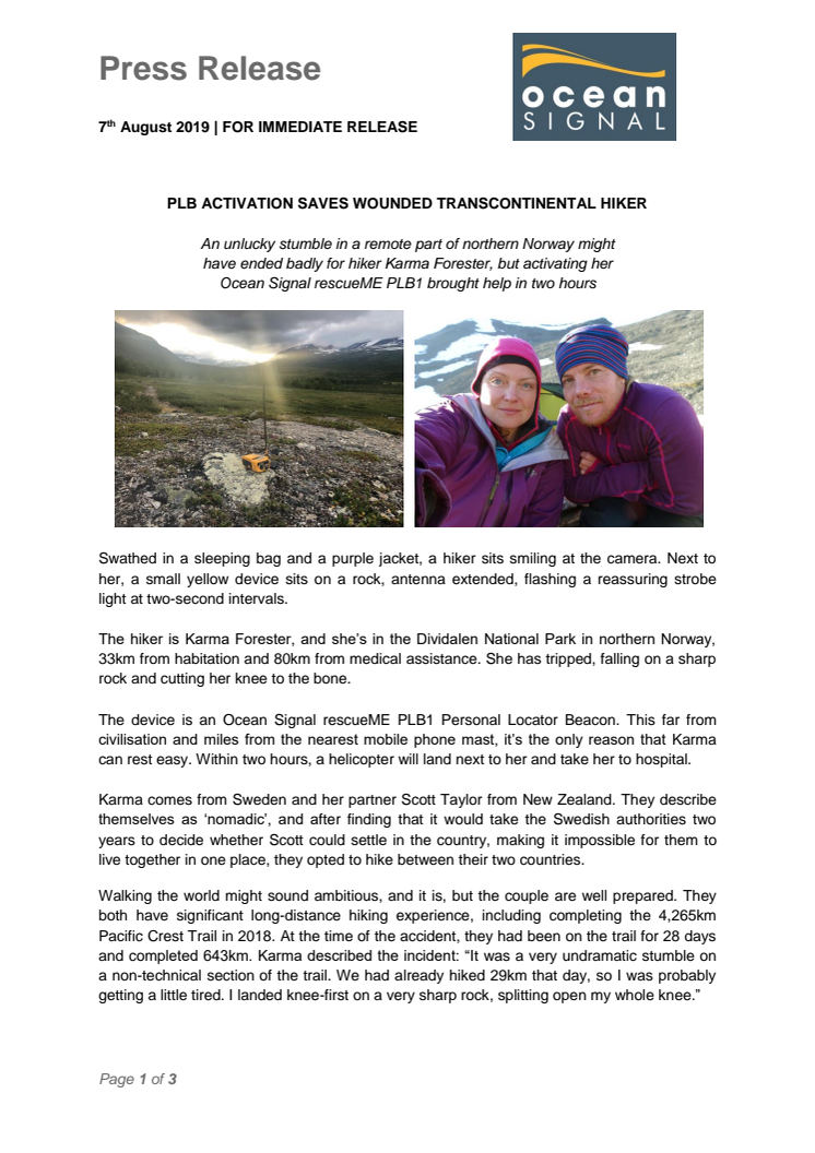 PLB Activation Saves Wounded Transcontinental Hiker