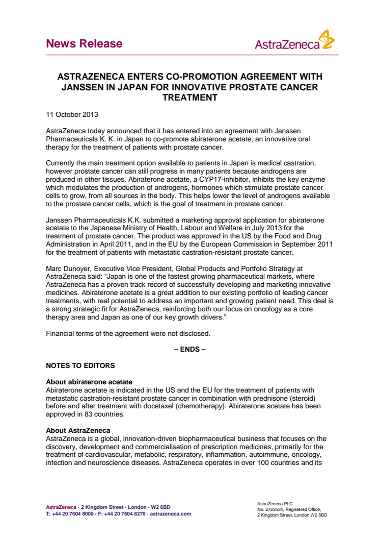 AstraZeneca ingår avtal med Janssen i Japan om gemensam marknadsföring av innovativ prostatacancerbehandling 