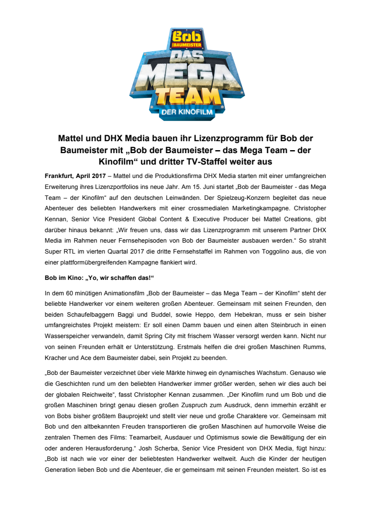 „Bob der Baumeister – das Mega Team “ in deutschen Kinos