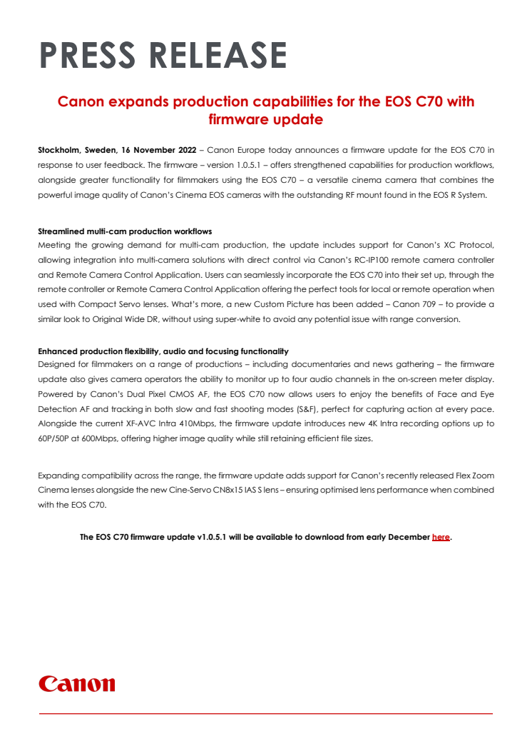 Pressinformation Canon EOS C70 Firmware update 16 november 2022.pdf