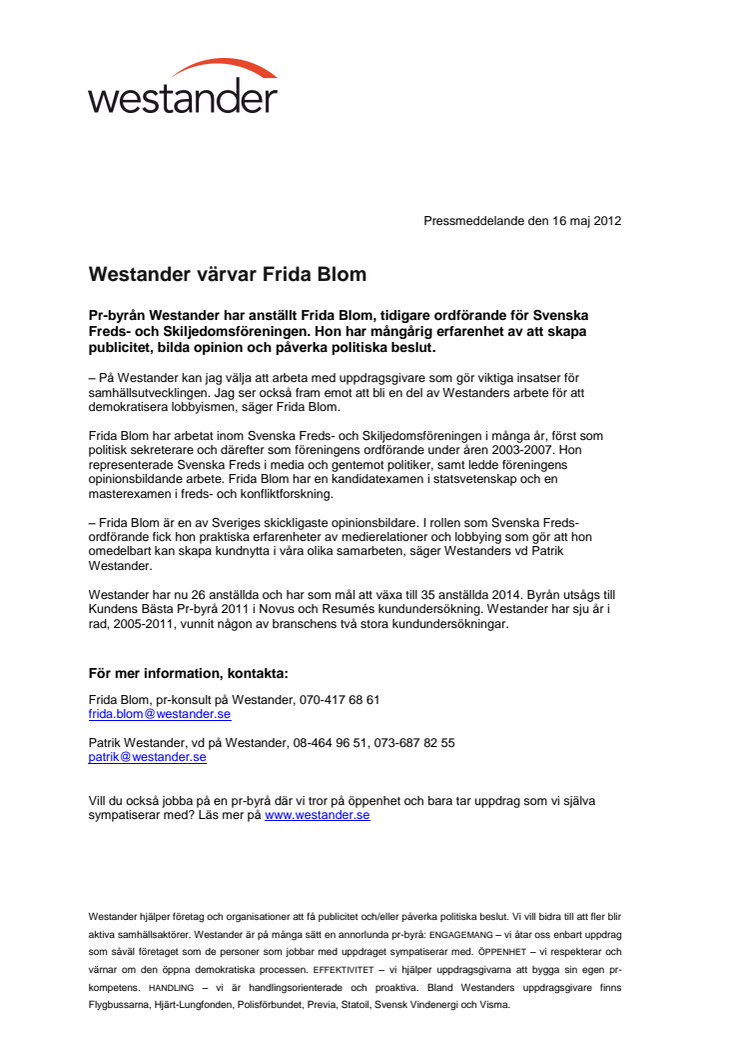 Westander värvar Frida Blom