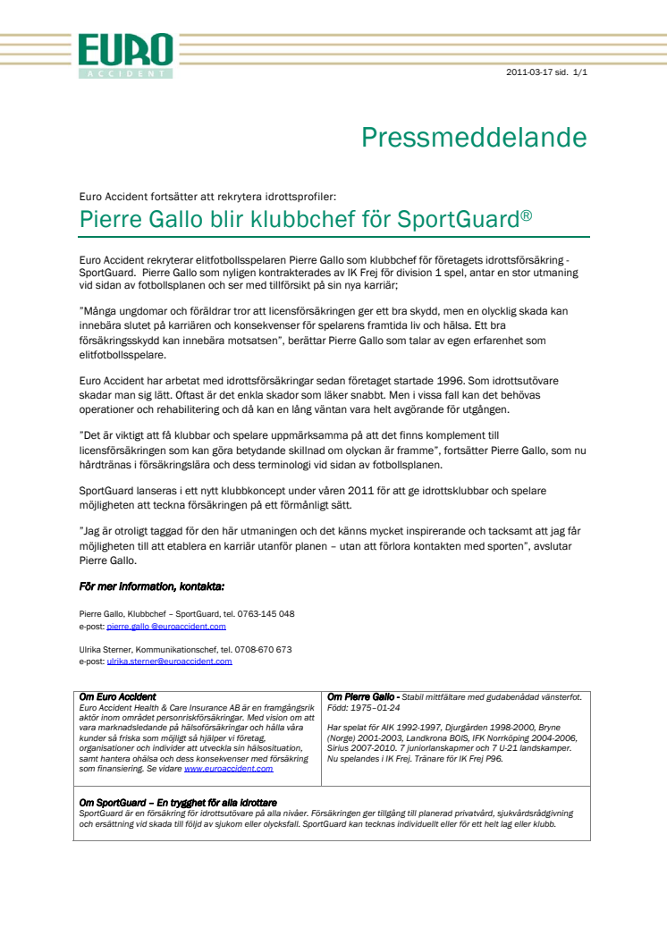 Pierre Gallo blir klubbchef för SportGuard®