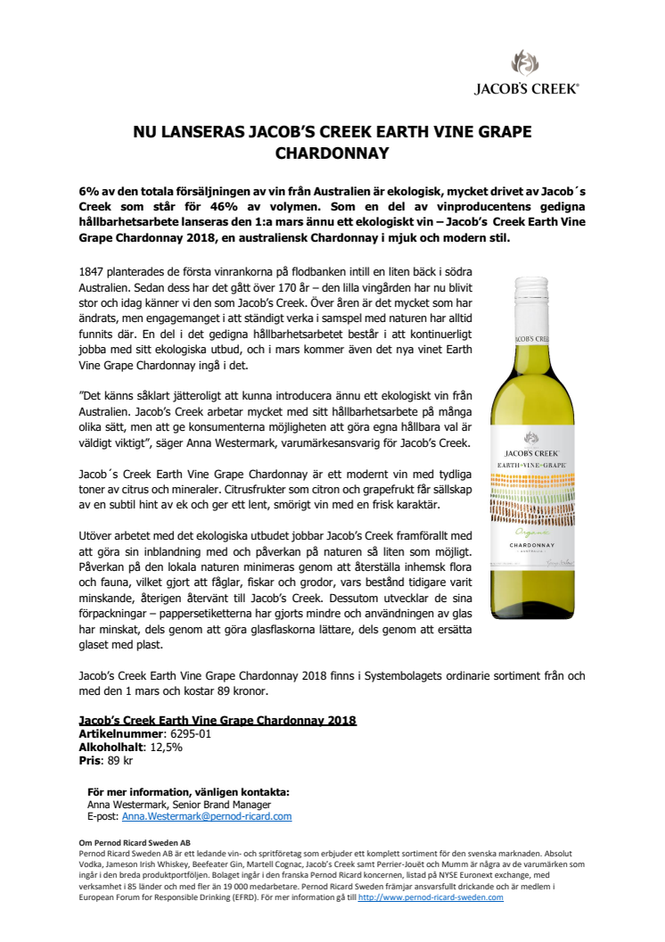 Nu lanseras Jacob's Creek Earth Vine Grape Chardonnay