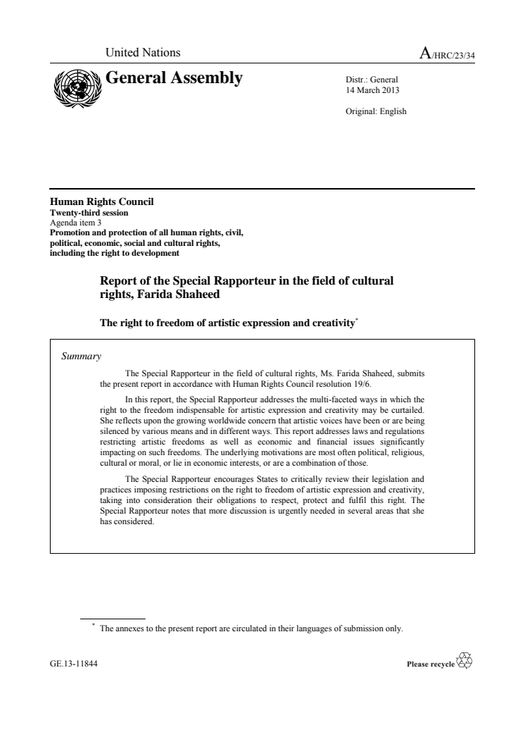 FN-rapport: The right to freedom of artistic expression and creativity (A/HRC/23/34)