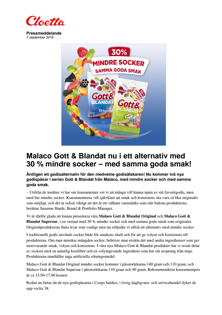 Malaco Gott & Blandat nu i ett alternativ med  30 % mindre socker – med samma goda smak!