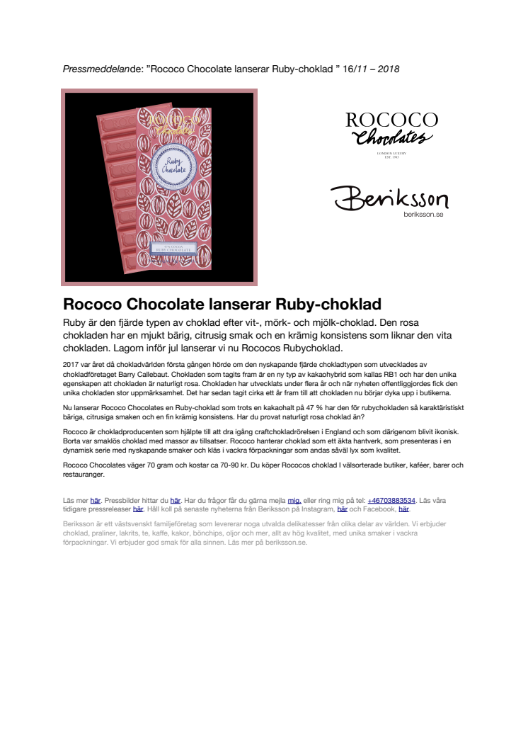 Rococo Chocolate lanserar Ruby-choklad