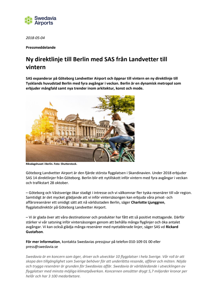 ​​Ny direktlinje till Berlin med SAS från Landvetter till vintern
