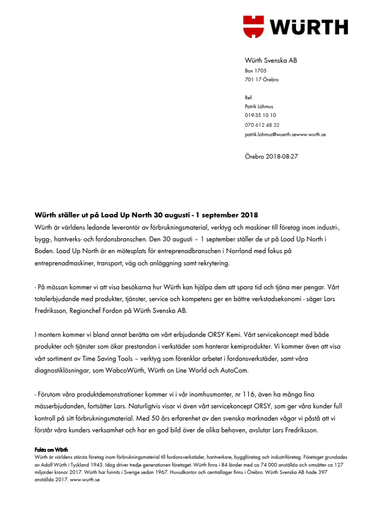 ​Würth ställer ut på Load Up North 30 augusti - 1 september 2018