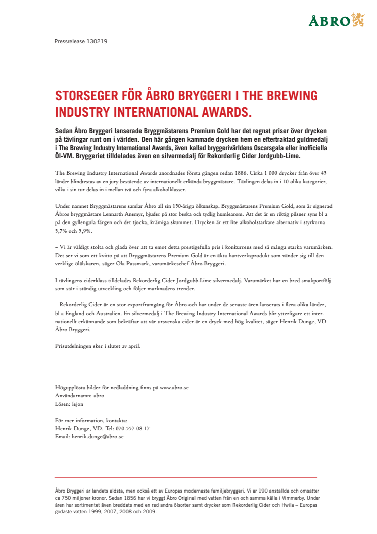 Storseger för Åbro Bryggeri i The Brewing Industry International Awards