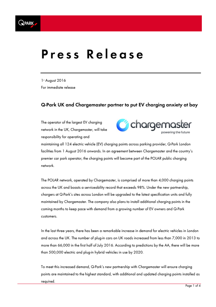 Q-Park UK and Chargemaster partner to put EV charging anxiety at bay