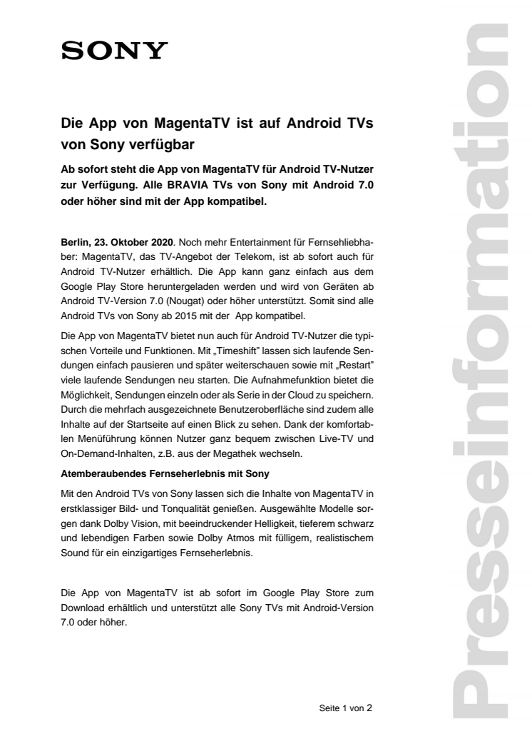 Die App von MagentaTV ist auf Android TVs von Sony verfügbar