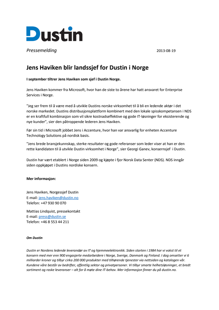 Jens Haviken blir landssjef for Dustin i Norge