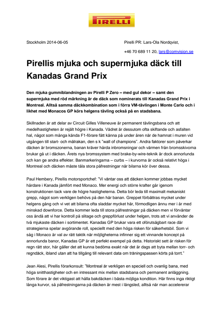 Pirellis mjuka och supermjuka däck till Kanadas Grand Prix