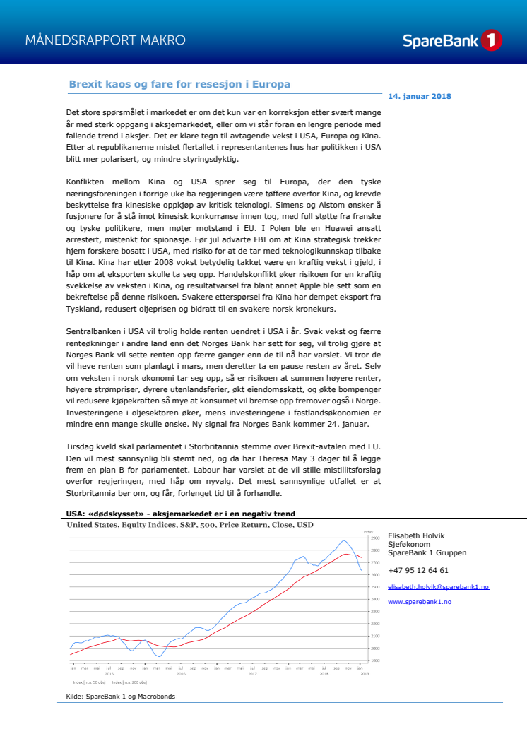Makrorapport Januar 2019: Brexit-avstemming tirsdag og fare for resesjon i Europa