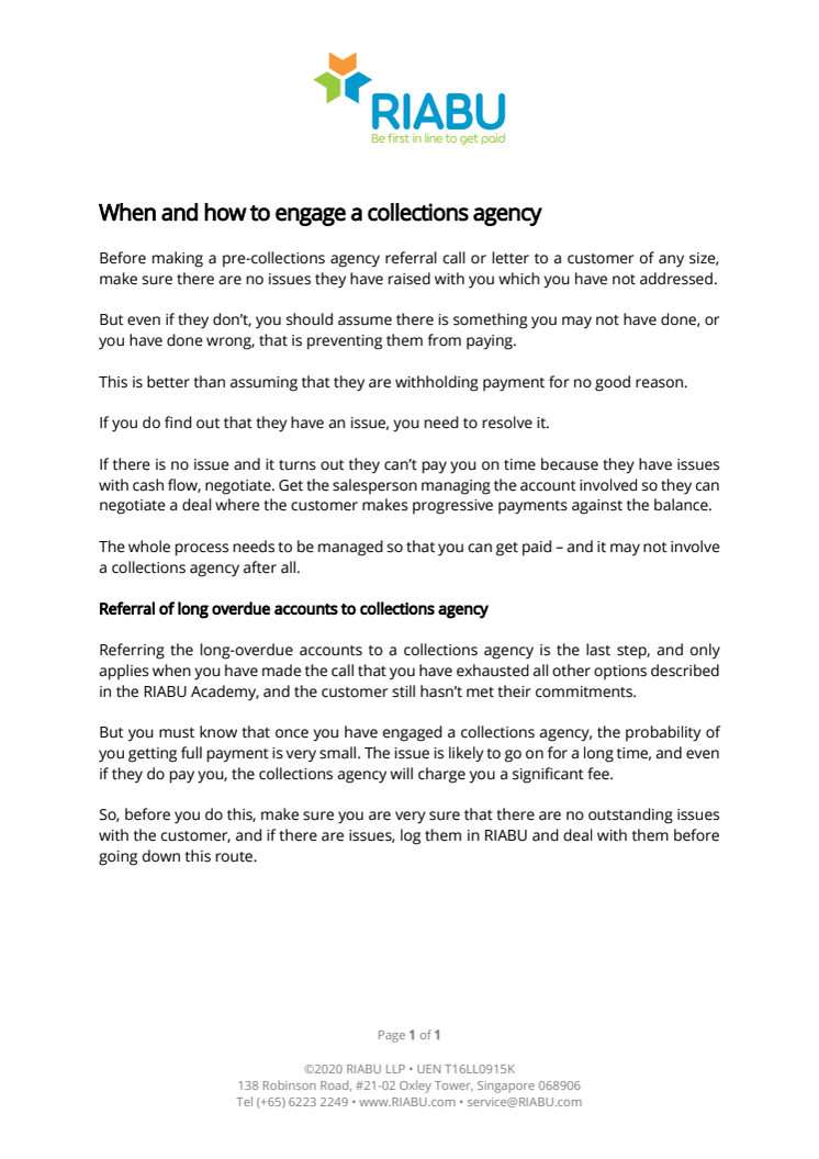 RIABU Academy - When and how to engage a collections agency