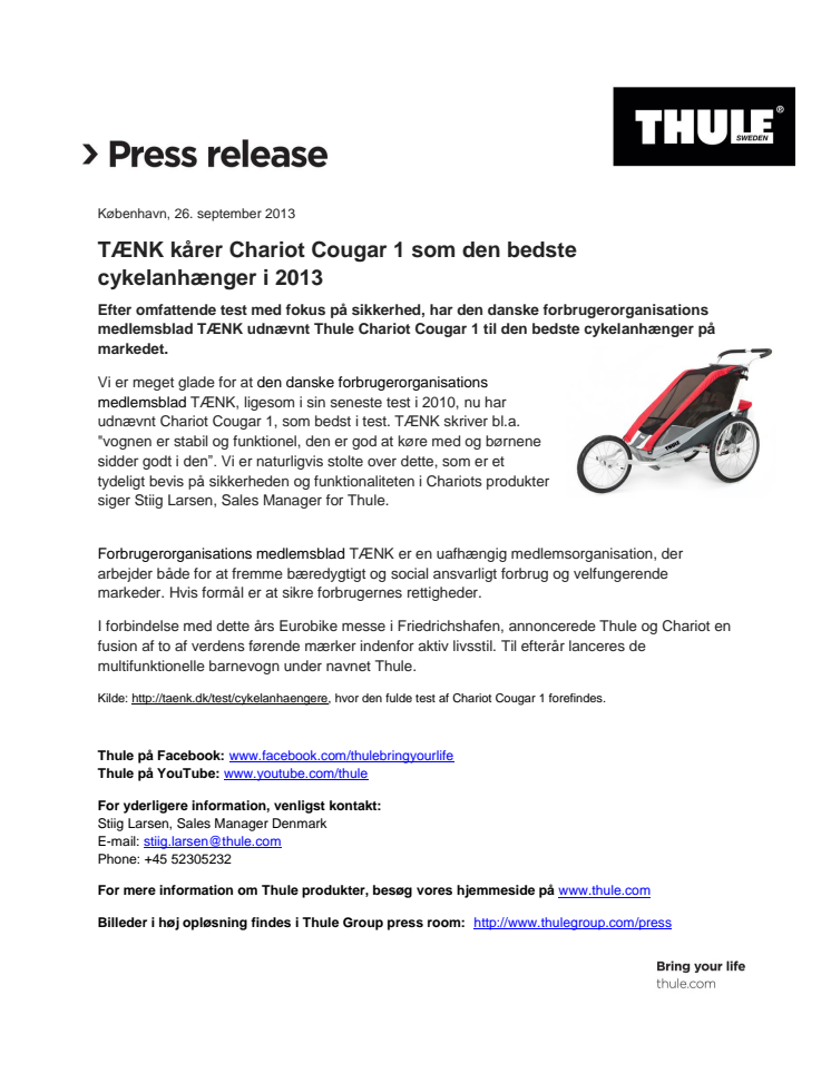 TÆNK kårer Chariot Cougar 1 som den bedste cykelanhænger i 2013