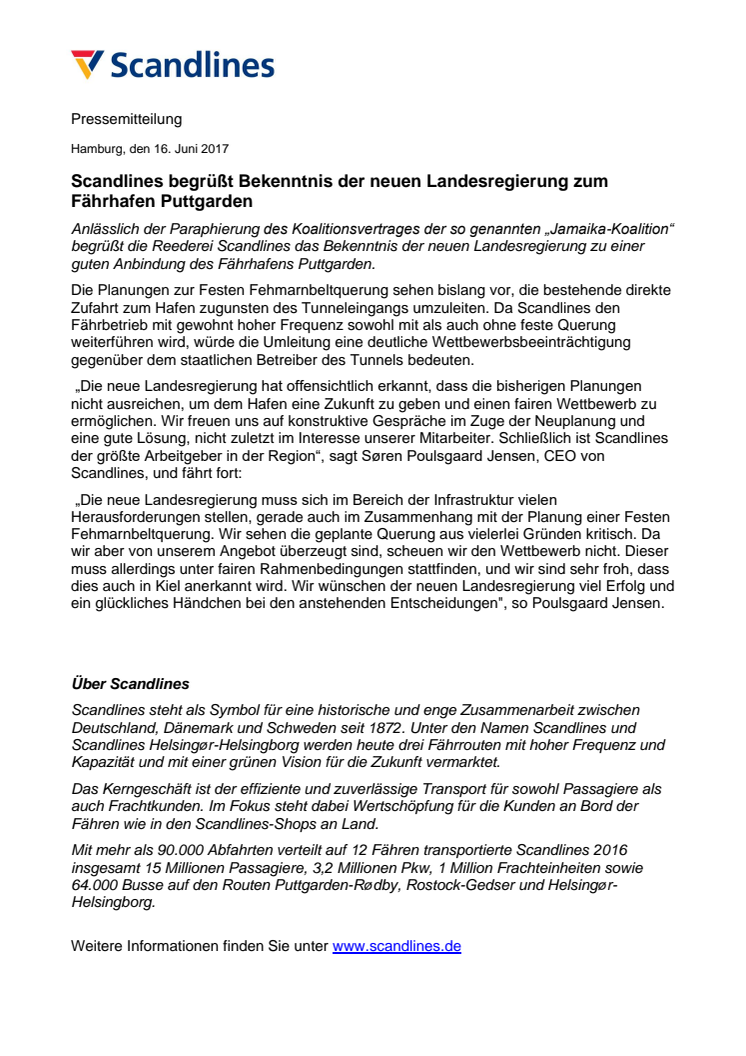 Scandlines begrüßt Bekenntnis der neuen Landesregierung zum Fährhafen Puttgarden