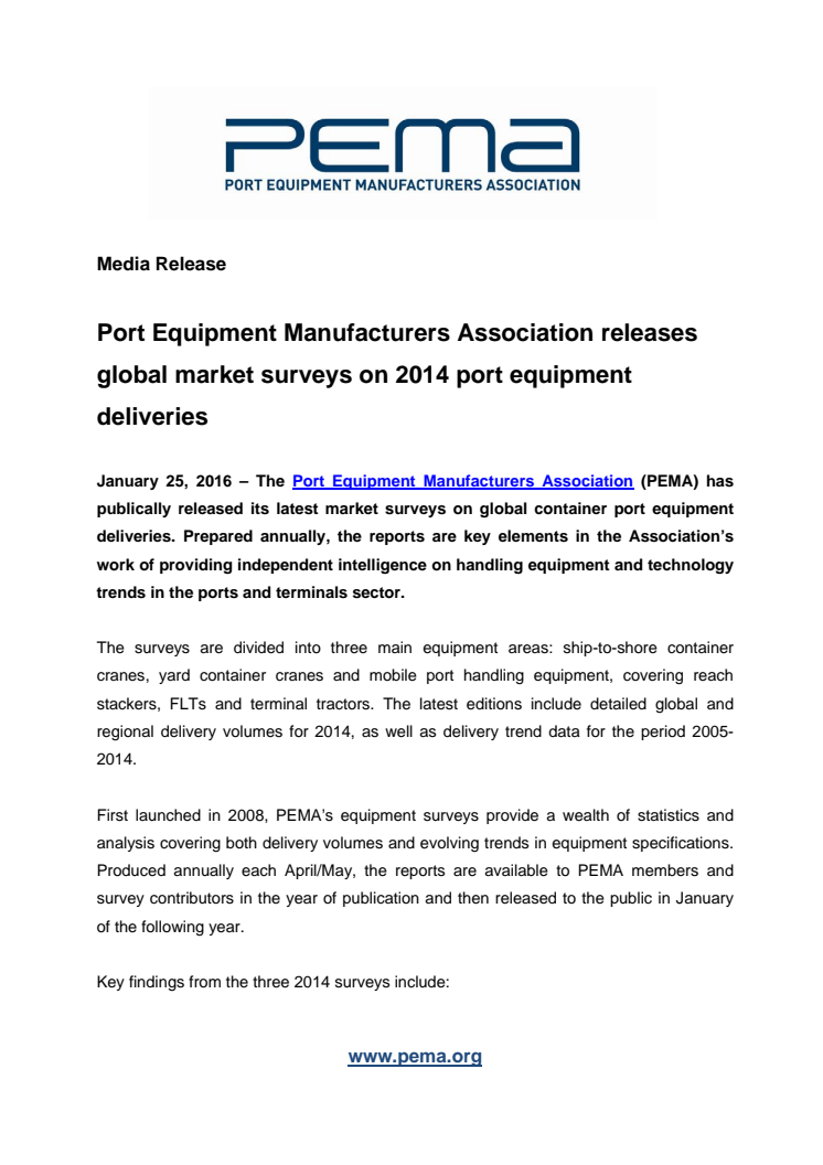 PEMA releases global market surveys on 2014 port equipment deliveries