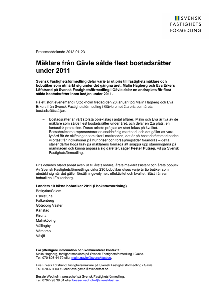 Mäklare från Gävle bland de som sålde flest bostadsrätter under 2011  