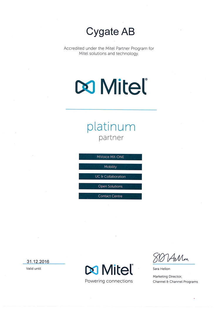 Cygate utnämnd till Mitel Platinum Partner 