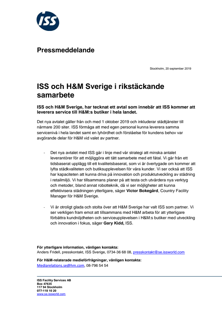 ISS och H&M Sverige i rikstäckande samarbete