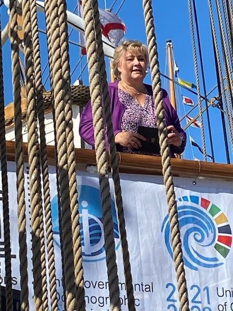 Norwegian Prime Minister Erna Solberg on board Statsraad Lehmkuhl