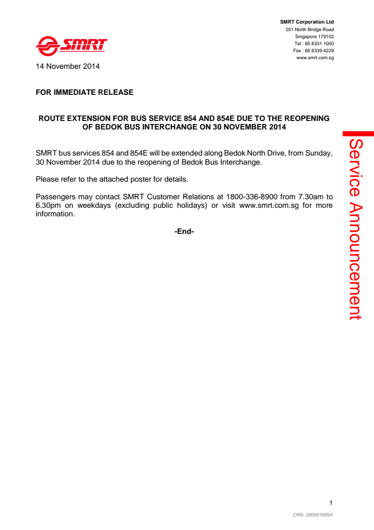 Route Extension for Bus Service 854 and 854E due to the reopening of Bedok Bus Interchange on 30 November 2014