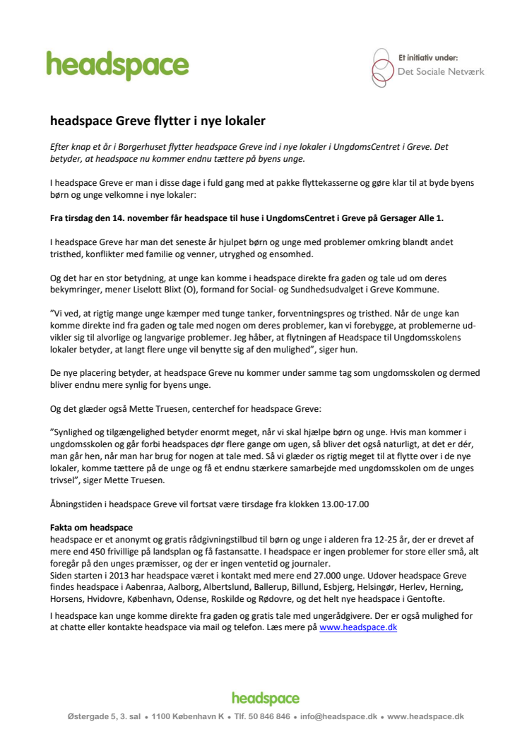 headspace Greve flytter i nye lokaler
