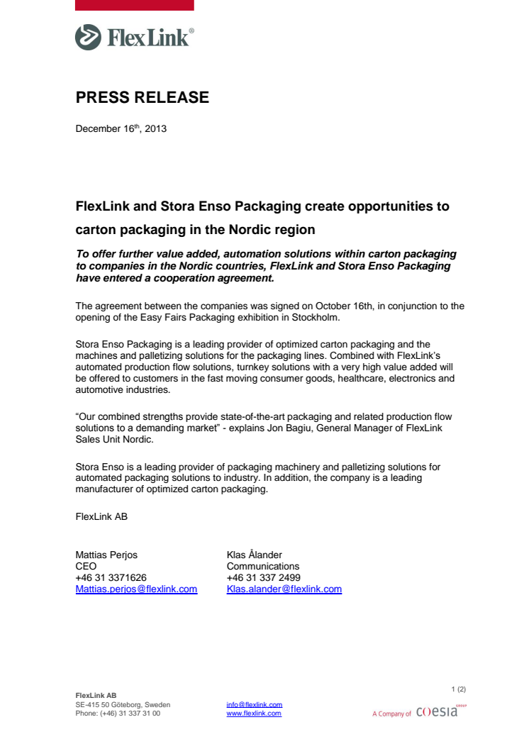 FlexLink and Stora Enso Packaging create opportunities to carton packaging in the Nordic region