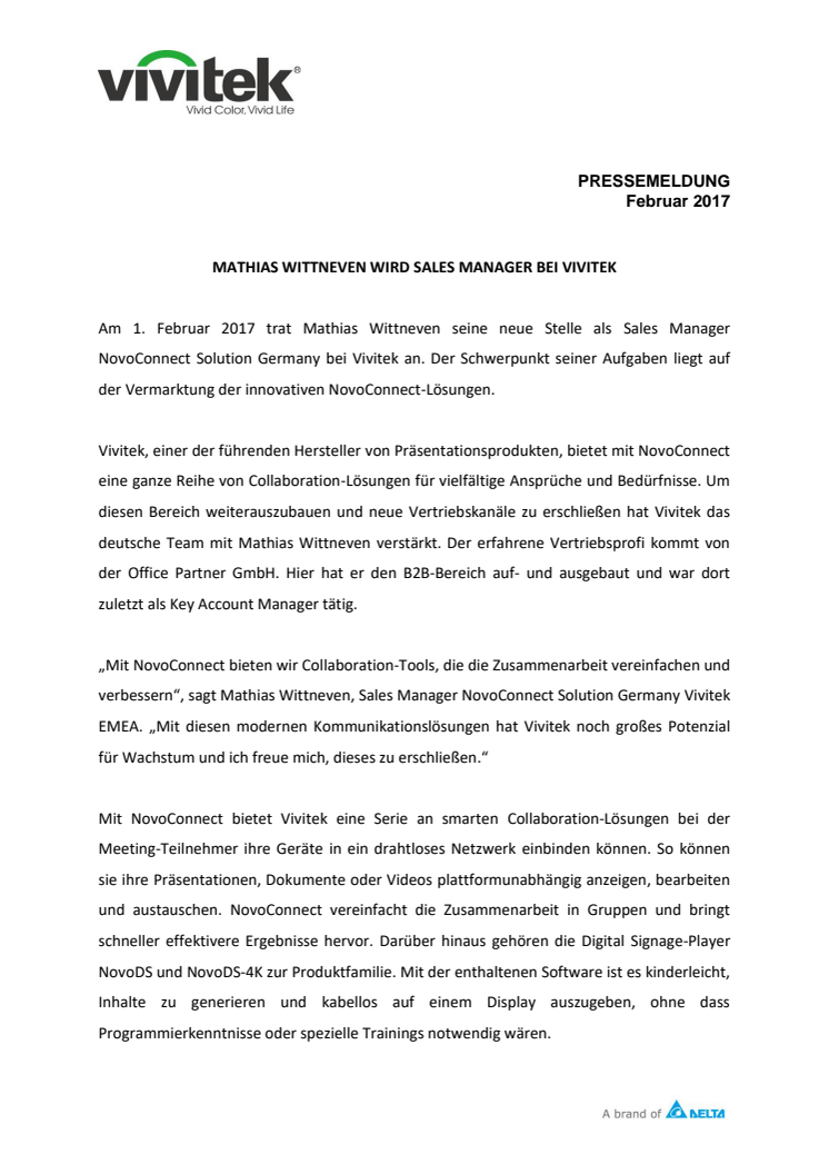 MATHIAS WITTNEVEN WIRD SALES MANAGER BEI VIVITEK