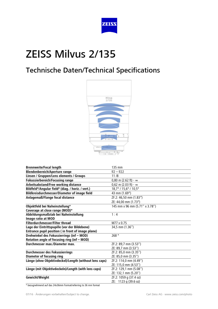 Zeiss Milvus 135mm, specifikationer
