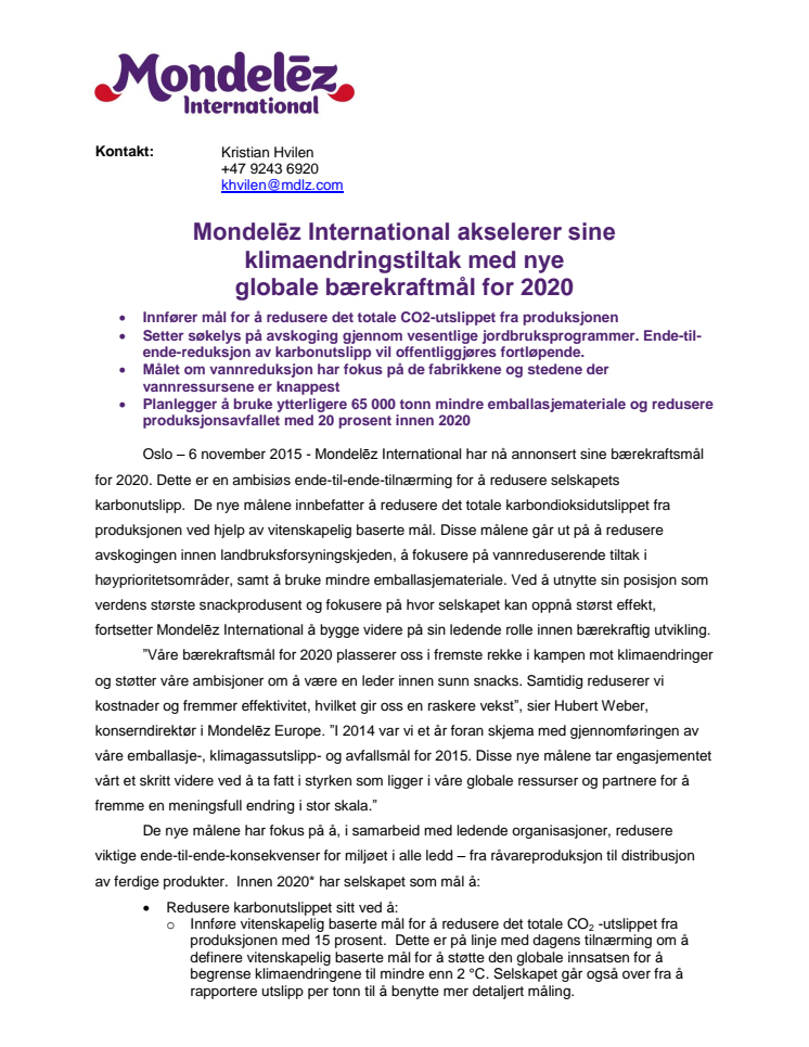 Mondelēz International akselerer sine klimaendringstiltak med nye globale bærekraftmål for 2020