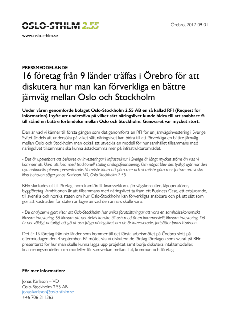 16 företag från 9 länder diskuterar järnväg till Oslo