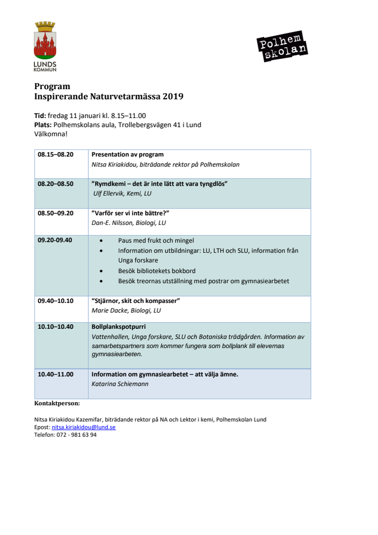 Program Naturvetarmässa Polhemskolan 2019