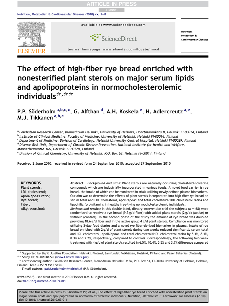 Studie om bl a växtsteroler - Nutrition, Metabolism & Cardiovascular Diseases (2010),