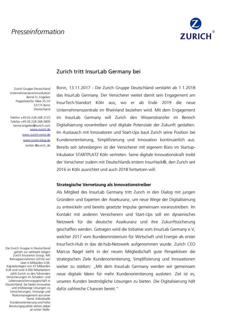 Zurich tritt InsurLab Germany bei